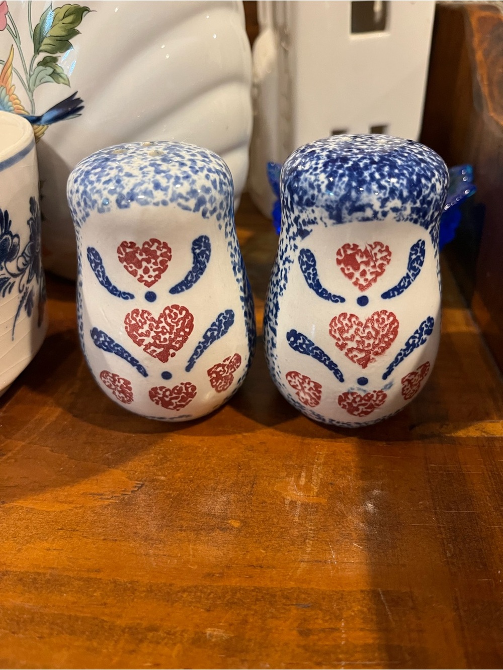 Vintage Ceramic Heart Salt & Pepper Shakers - Blue & Red